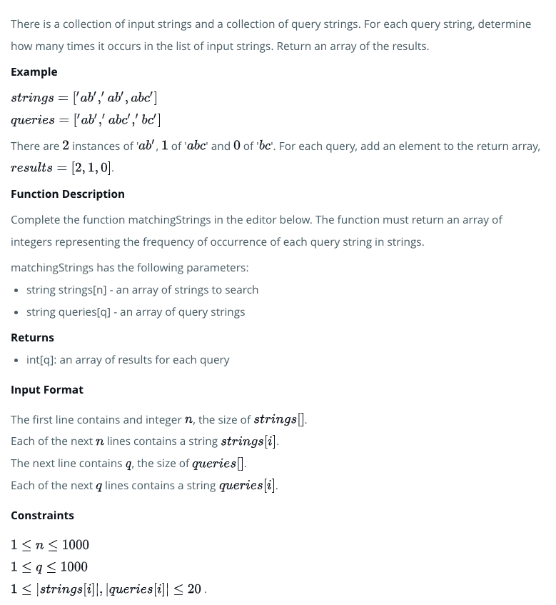 HackerRank 問題: matchingStrings