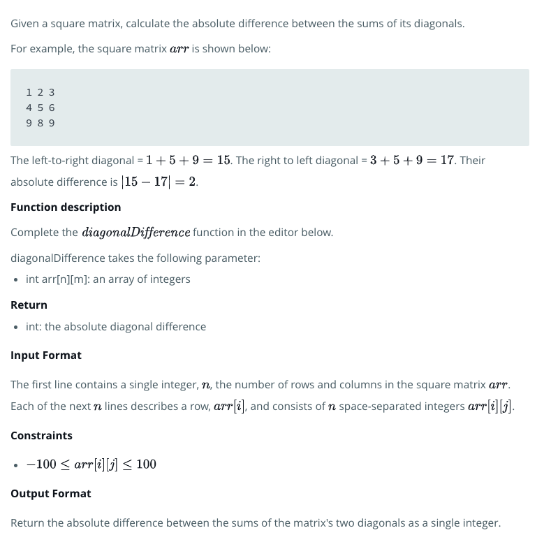 HackerRank 問題: Diagonal Difference